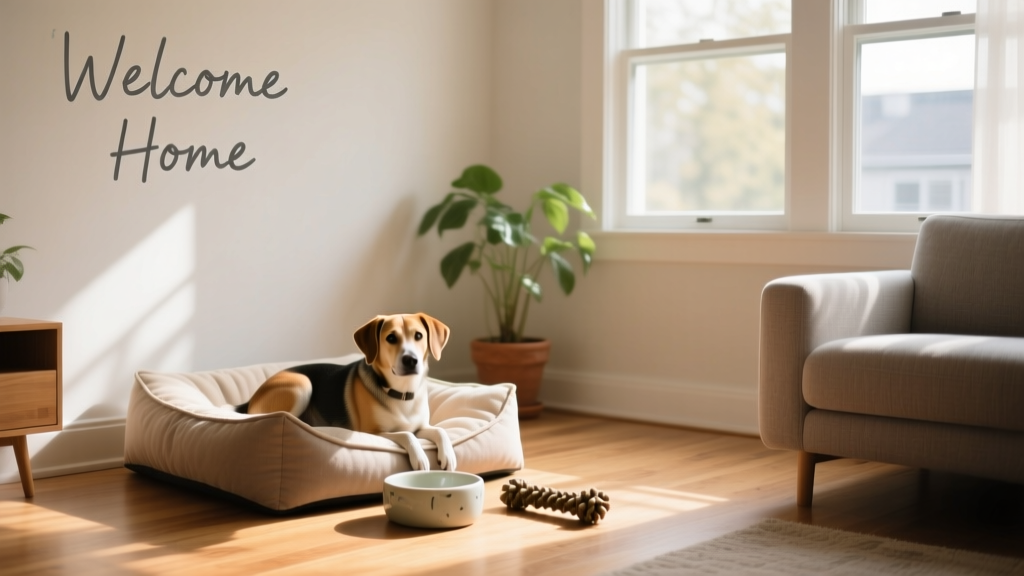 A tidy, sunlit living room with a dog bed, water bowl, and chew toy arranged near a window—showing a welcoming, prepared space for a new dog