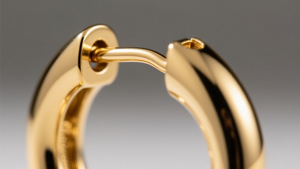 Macro close-up of a hinged snap clasp on a gold-tone fashion hoop earring showing the tiny metal pin and locking groove.