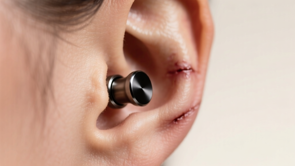 Close-up of a healed earlobe wearing an ASTM F-136 titanium 2g plug with a matte black PVD coating under soft studio lighting.