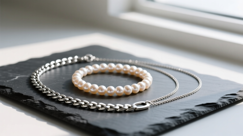 Flat lay of an 8mm pearl strand, silver Cuban chain, and tennis necklace overlapping on dark slate in soft natural window light.
