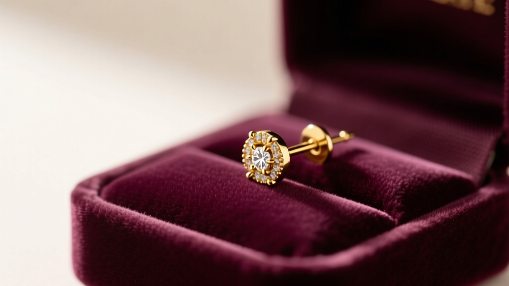 Macro shot of a 24-gauge 14k gold micro-stud earring on a velvet gift box, soft lighting highlighting the ultra-thin post