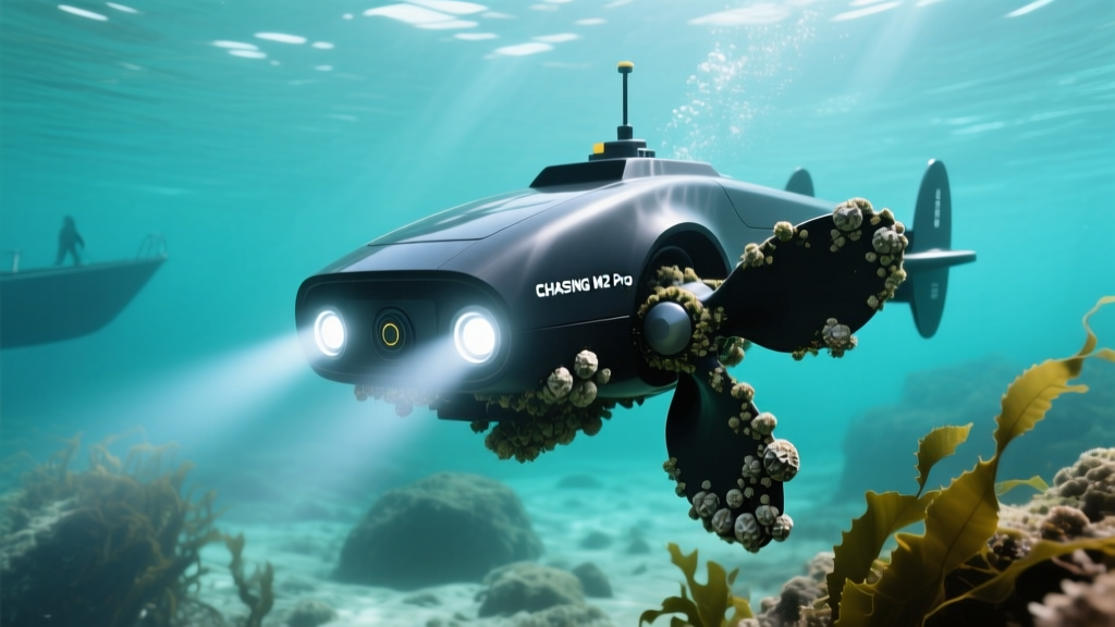 CHASING M2 Pro underwater ROV inspecting a boat propeller for barnacle buildup in clear coastal water with bright LED lights illuminated