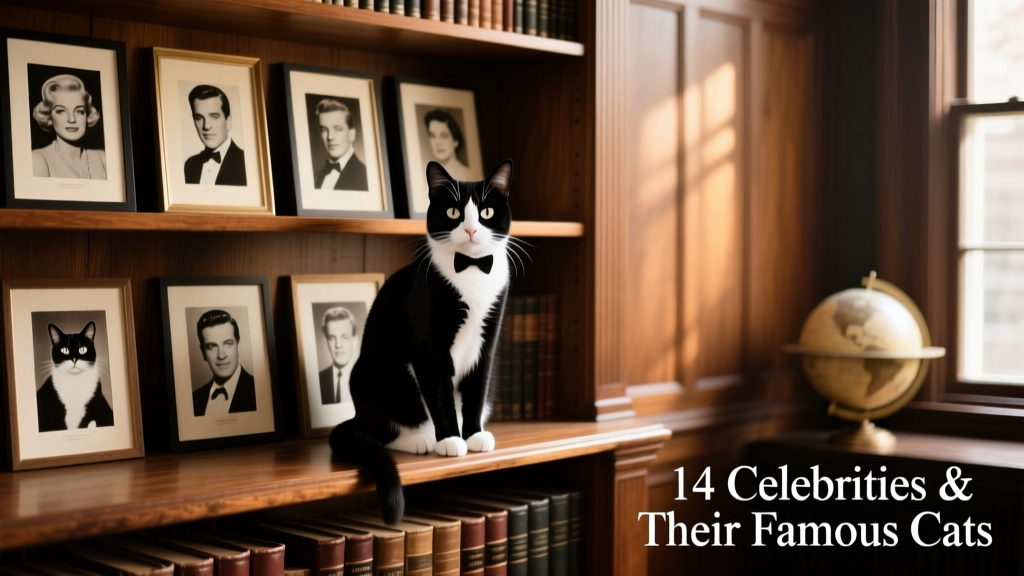 A black-and-white tuxedo cat sitting upright on a bookshelf beside framed photos of celebrities
