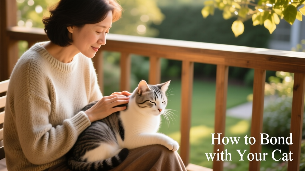 A person gently brushing a calm cat seated on their lap, both appearing relaxed and connected