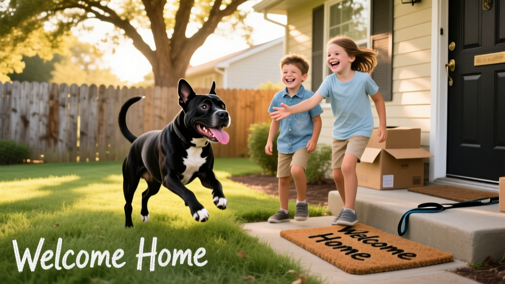 An American Staffordshire Terrier happily playing with children in a fenced yard, illustrating a joyful transition to a new home