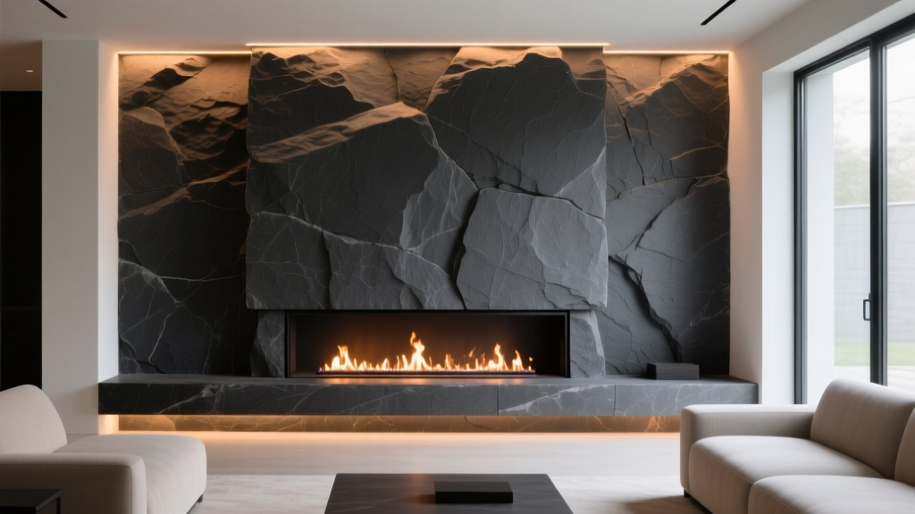 Charcoal ledgestone veneer stone wall framing a modern linear gas fireplace in a minimalist living room with warm LED grazing light