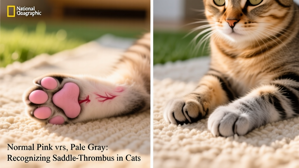 Side-by-side comparison showing normal pink paw pads versus pale/gray paw pads in a cat with compromised circulation