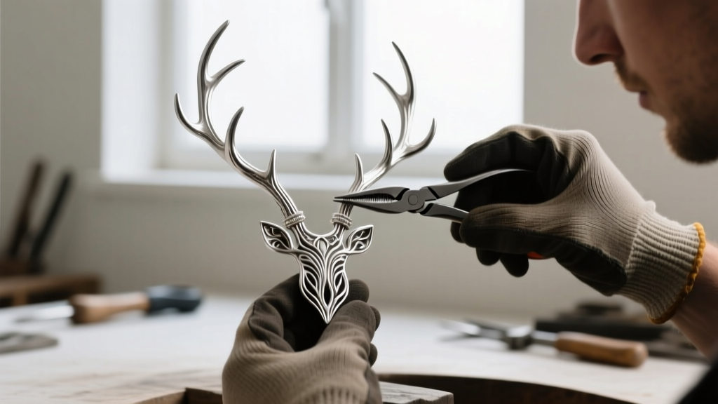 A jeweler using nylon-jaw pliers to carefully realign a bent silver antler prong on a delicate hart motif necklace pendant.