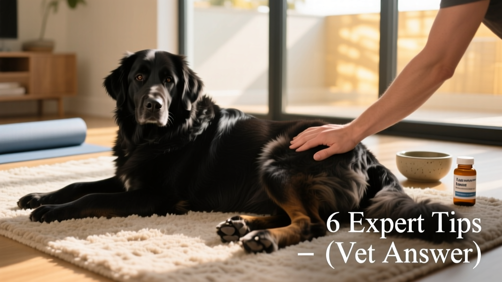big black dog lying on the floor and gets a massage on its thight