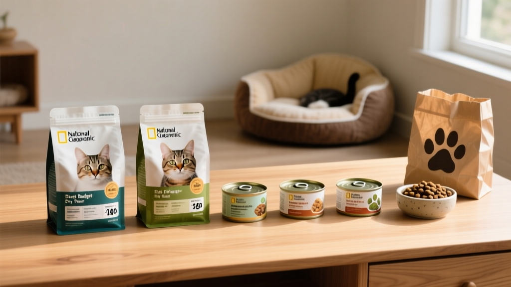 Side-by-side comparison of five popular dry and wet budget cat food bags and cans, arranged neatly on a clean wooden surface