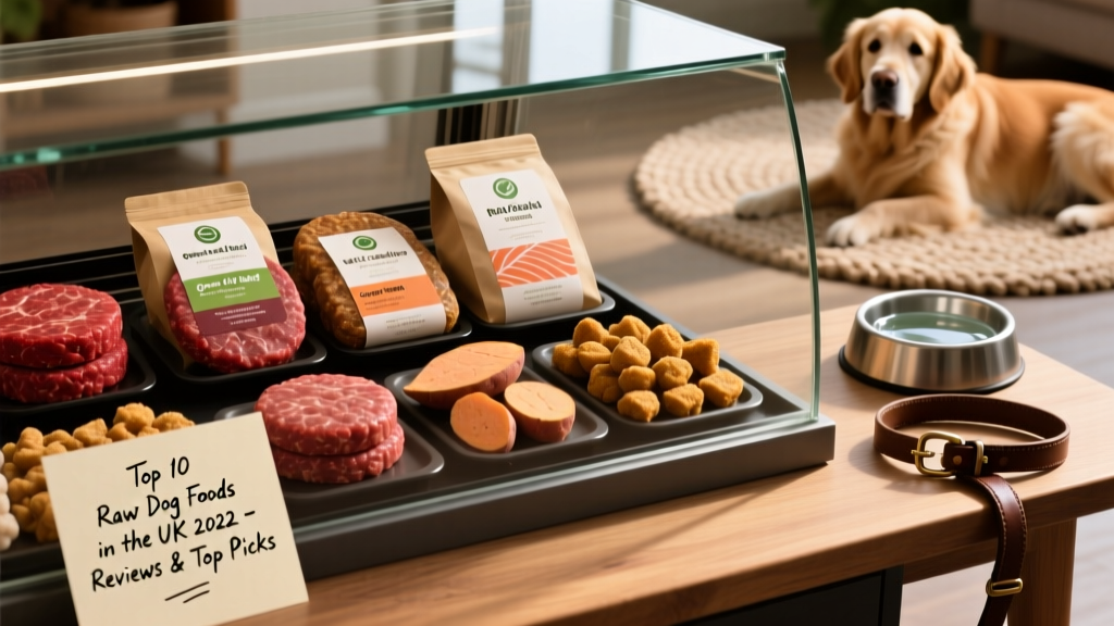 A neatly arranged selection of raw dog food patties and nuggets in a chilled display case