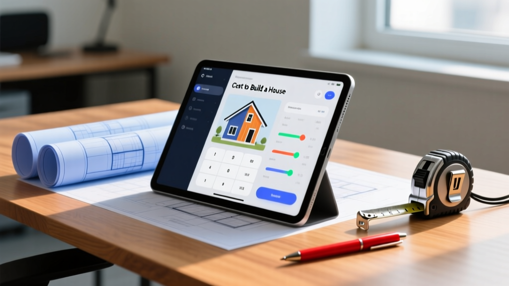 Digital cost to build house calculator on a tablet next to physical blueprints, a tape measure, and a red pen on a wooden desk