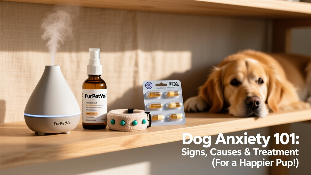A neatly arranged shelf displaying FurPetVo-branded calming products: a diffuser, spray bottle, collar, and supplement capsules—all labeled with clear dosage instructions and safety seals