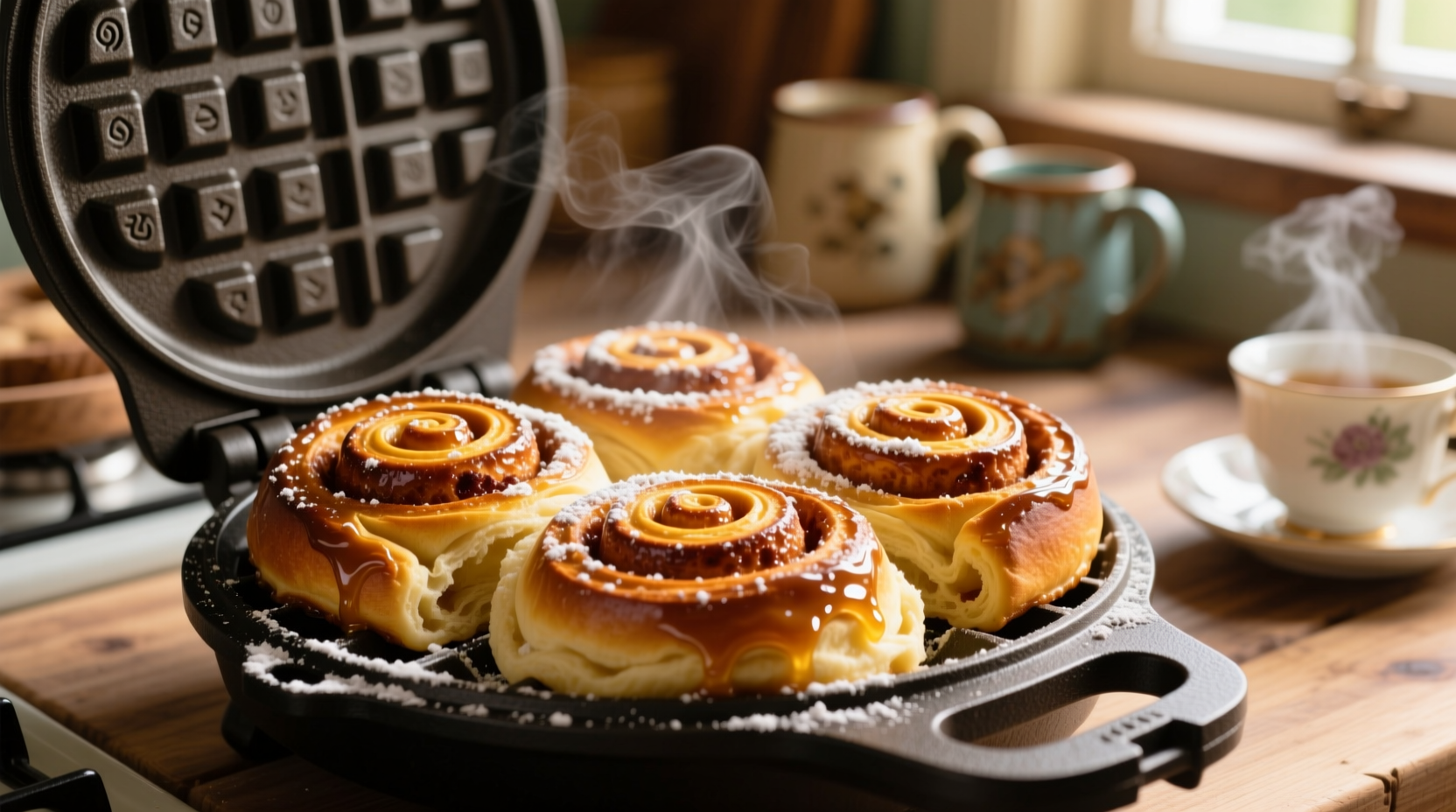 Frisch gebackene Zimtschnecken aus dem Waffeleisen