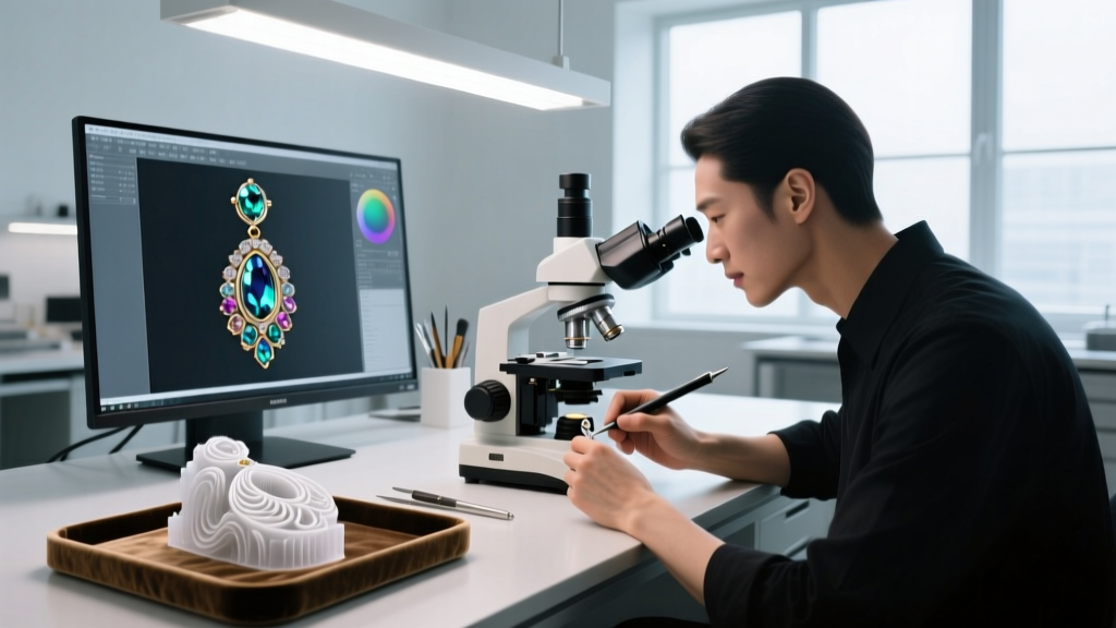A jeweler using a microscope and CAD software to design a lost earring replacement, with a 3D printed wax mold sitting nearby.