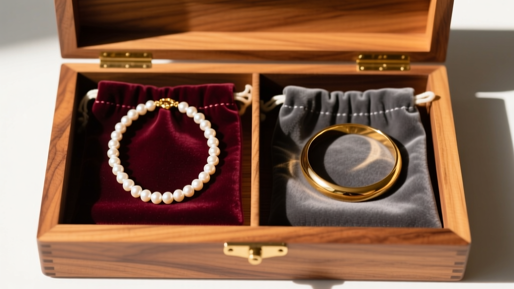 Flat lay of a pearl body chain and gold choker stored separately in anti-tarnish velvet pouches inside a cedar wood jewelry box