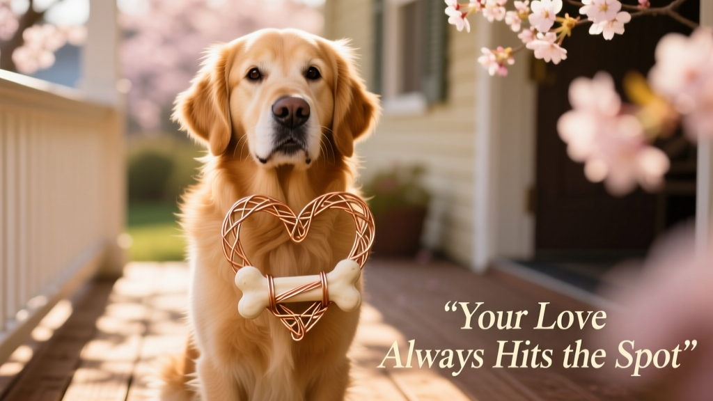 An illustrated golden retriever holding a heart-shaped bone, with 'Your Love Always Hits the Spot' text overlay