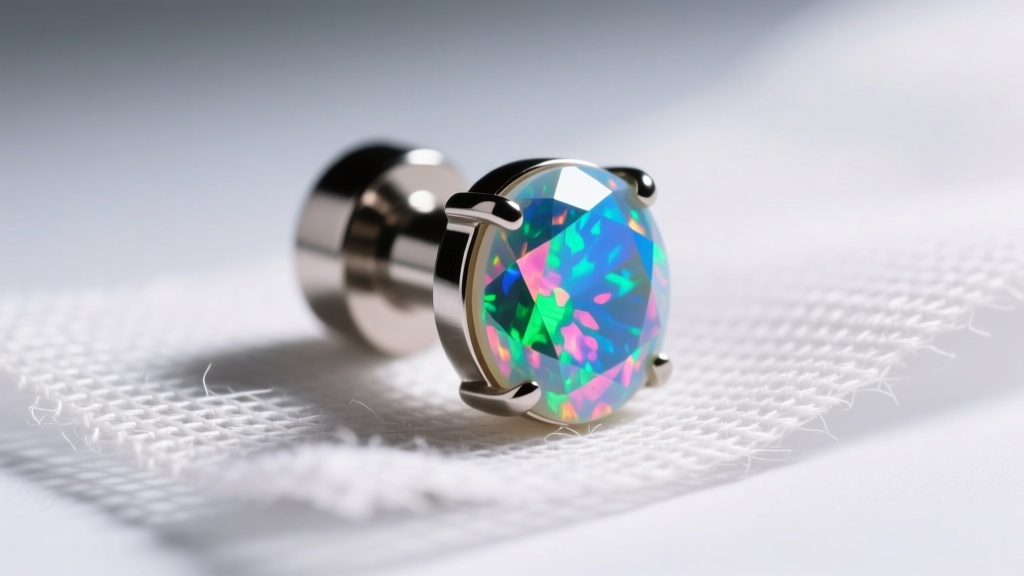 Titanium threadless Avanti jewelry end with opal gem on sterile gauze under bright studio lighting, extreme macro focus detail.