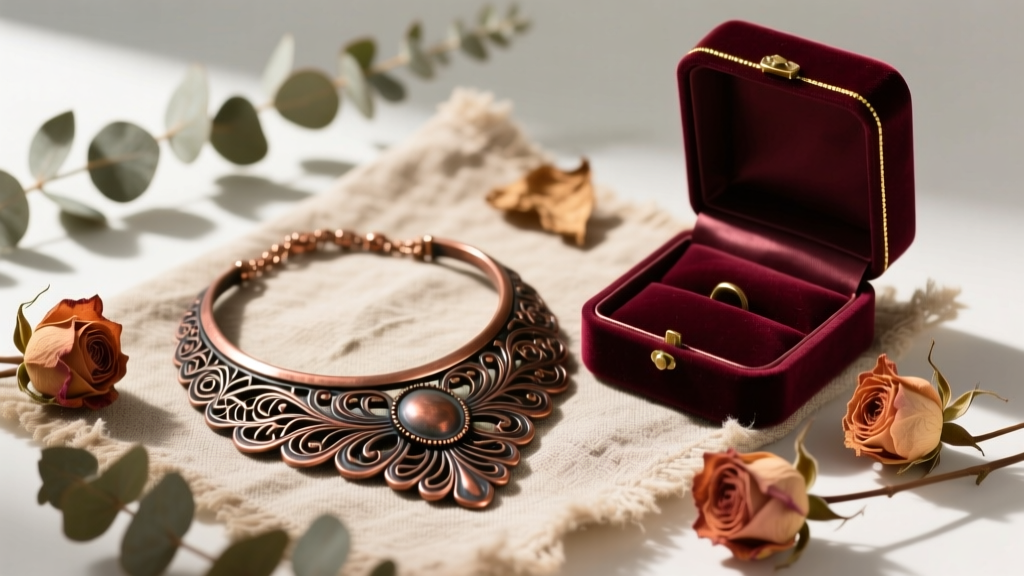 1950s Taxco vintage copper necklace with dark patina resting on rustic linen beside a velvet gift box and dried flowers