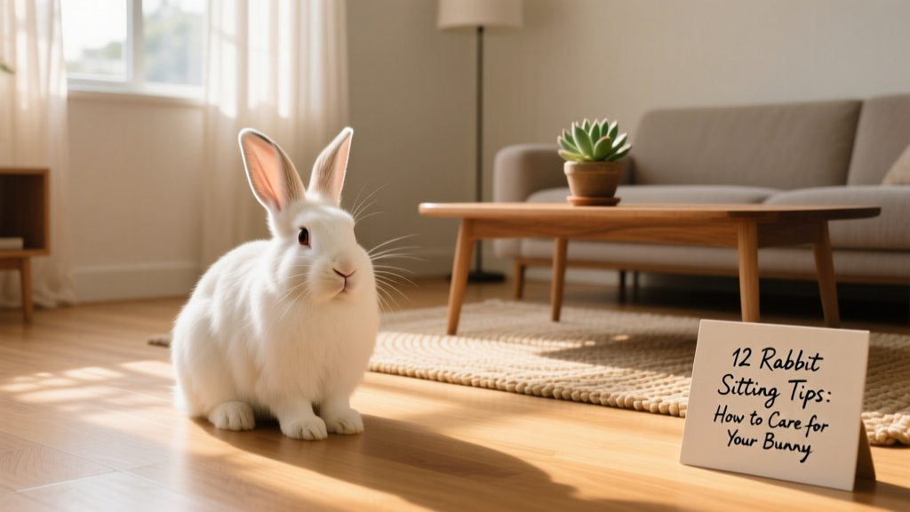 Rabbit sitting calmly on the floor in a sunlit living room