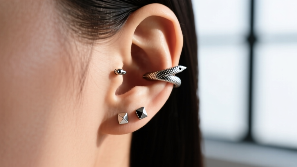 Macro shot of a lower earlobe featuring two perfectly spaced 16-gauge titanium studs styled as a horizontal snake bite cluster.