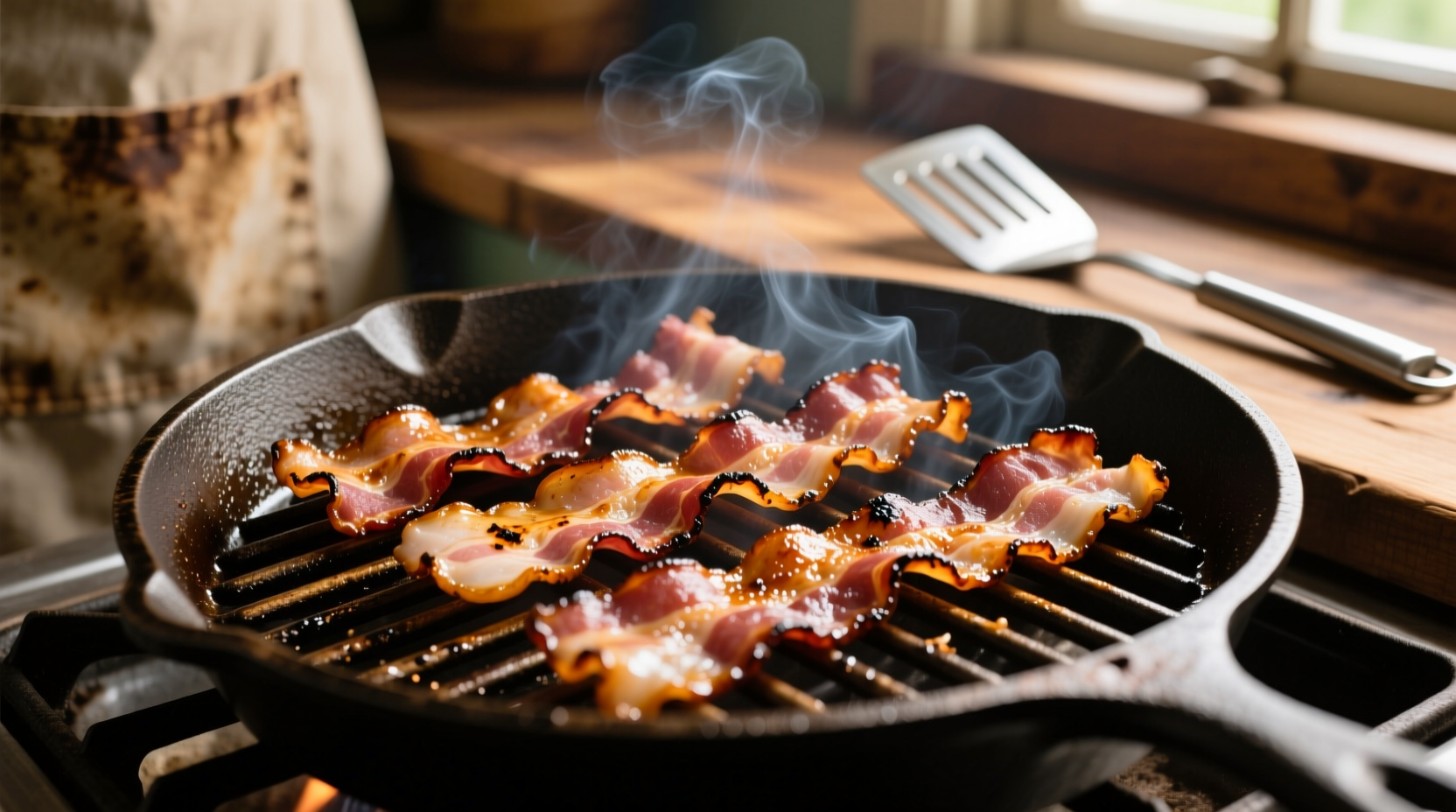 Crispy bacon strips on grill grates