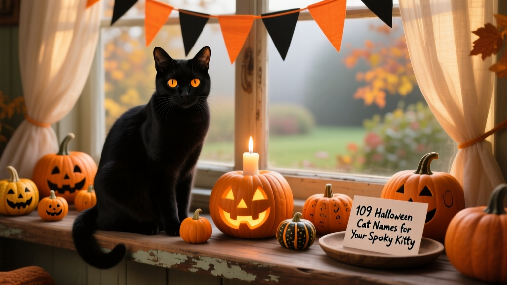 A sleek black cat sitting on a windowsill draped with orange and black bunting, surrounded by miniature pumpkins and a glowing jack-o’-lantern