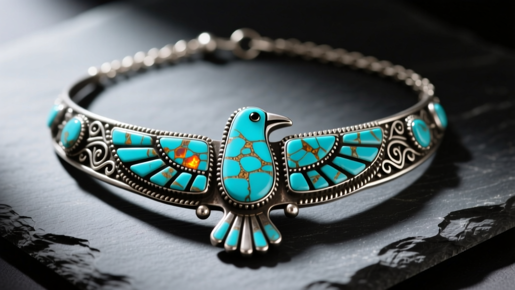 Close-up of a Zuni peyote bird turquoise necklace with channel inlay stones and oxidized sterling silver resting on dark slate
