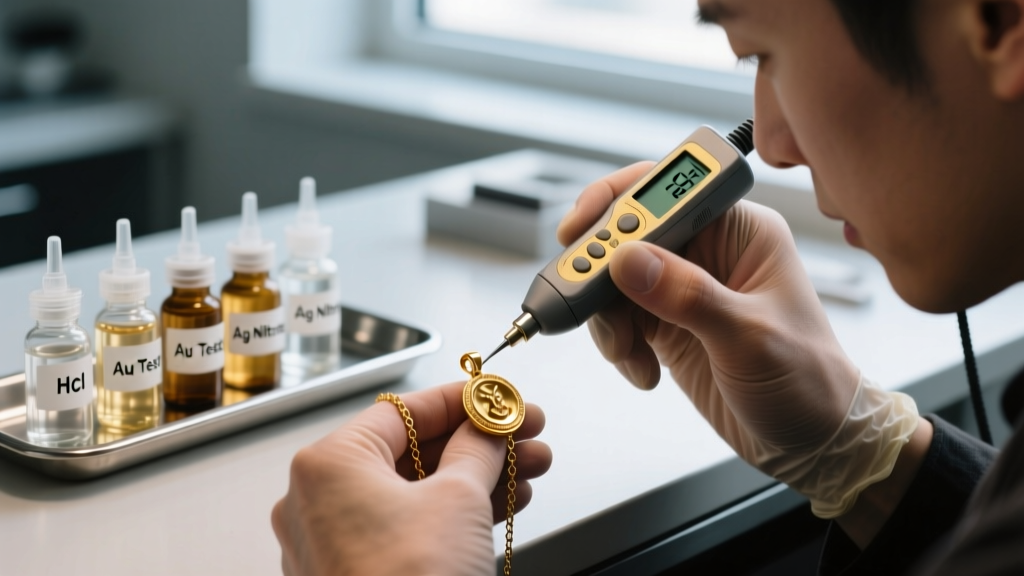Close-up of a jeweler using an electronic gold tester on a 14k gold pendant chain, with testing acid bottles blurred in background