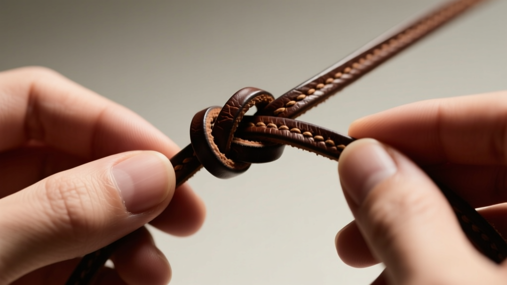 Close-up of hands tying an adjustable slip knot on a dark brown 1.5mm deerskin leather cord under soft natural macro lighting