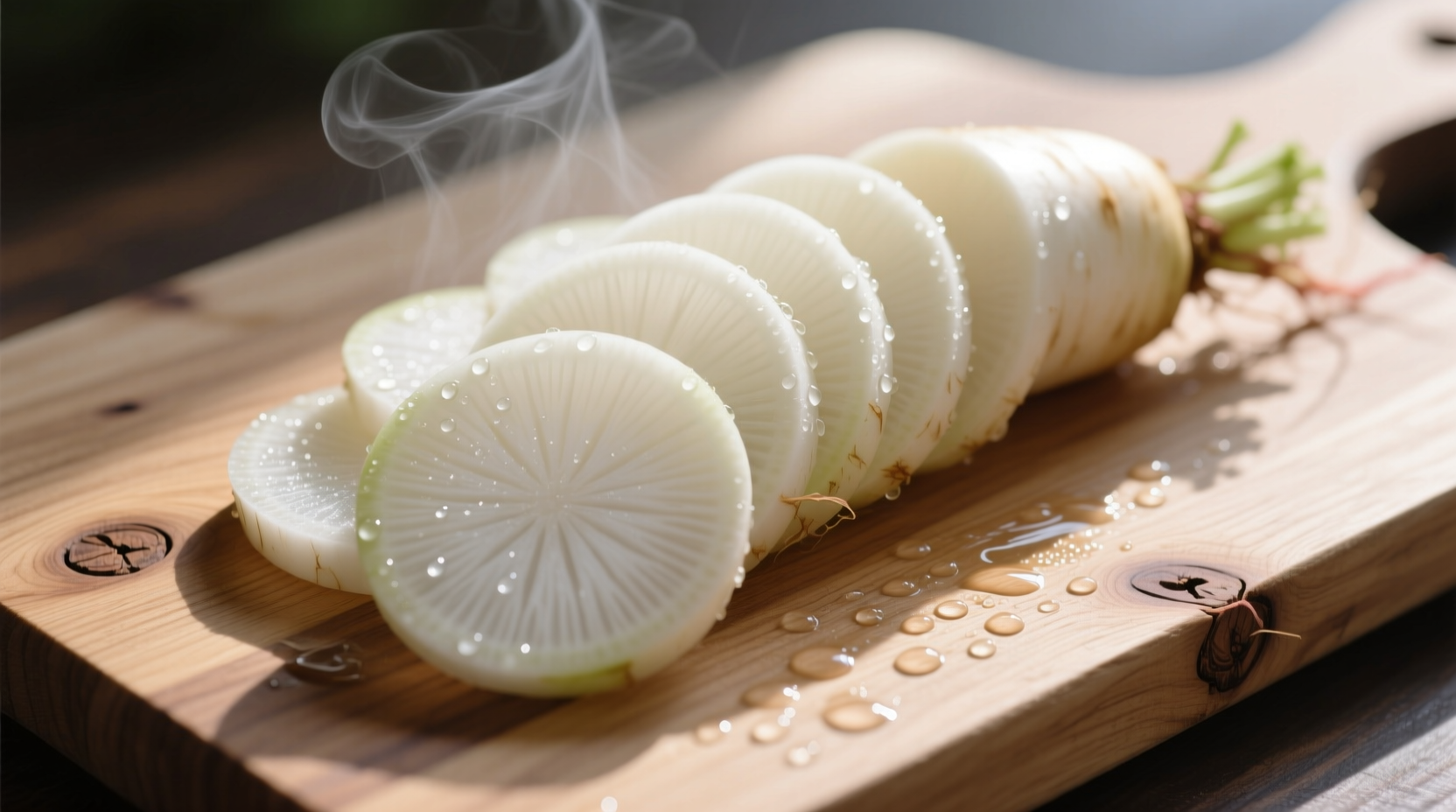 Freshly sliced daikon radish on wooden cutting board