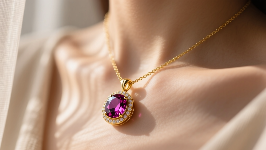 Macro shot of an 18k gold necklace with a bezel-set Rhodolite garnet pendant on a collarbone, lit by warm, diffused sunlight