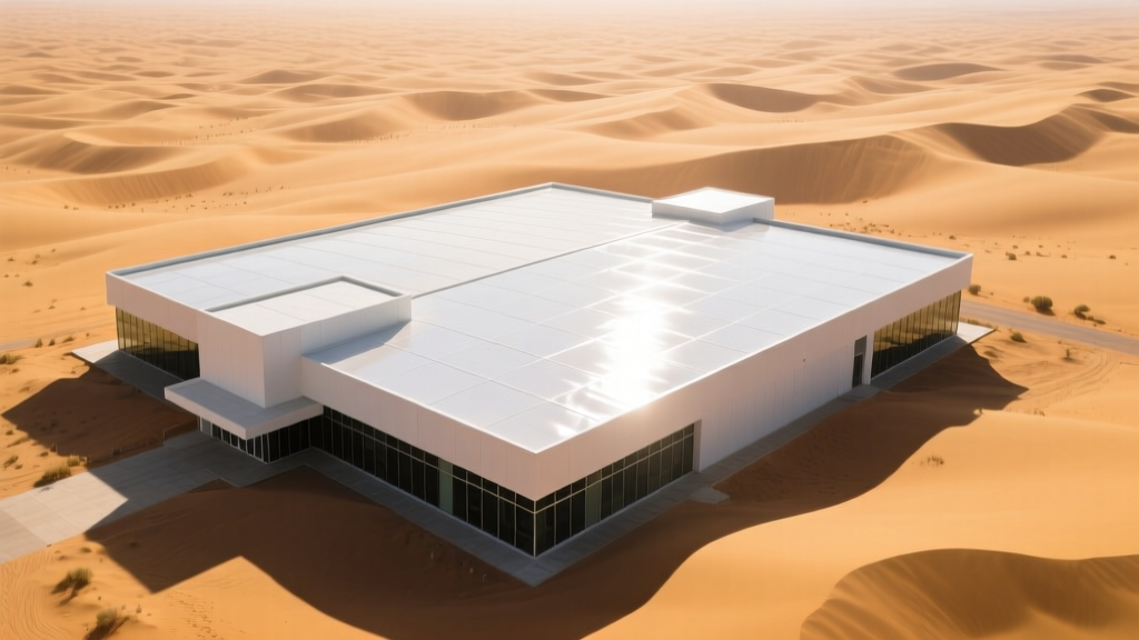 Aerial view of a commercial building in a desert featuring a highly reflective white TPO membrane roof contrasting with sand.