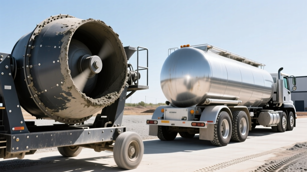 Side-by-side comparison of a rotating drum concrete transit mixer and a cylindrical pneumatic bulk cement tanker parked on a commercial site