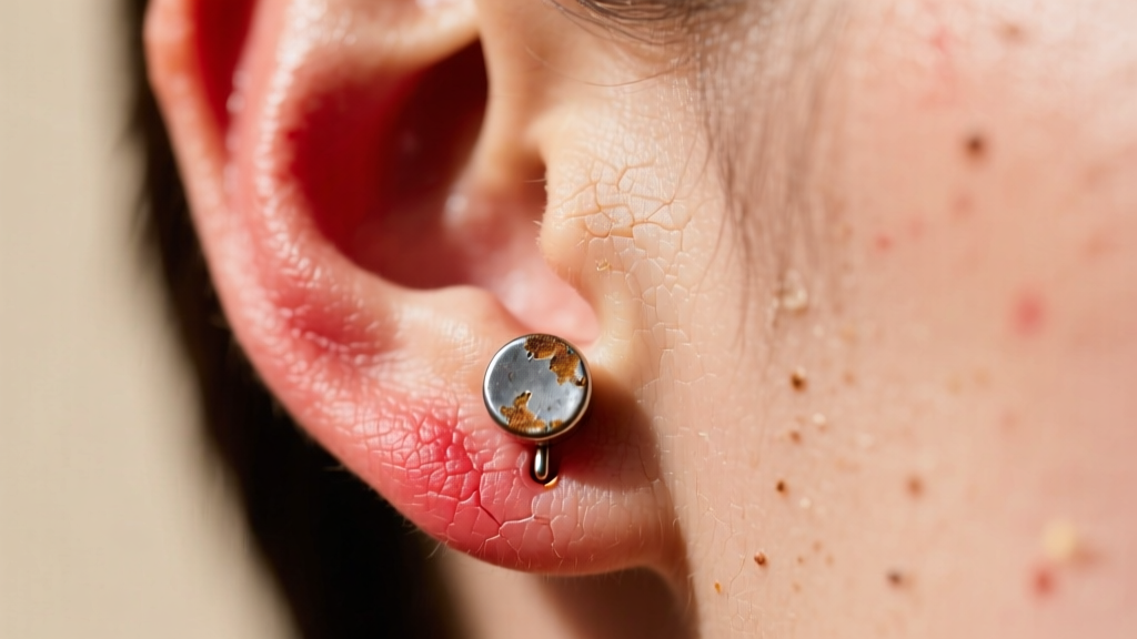 Close-up of an inflamed earlobe wearing a tarnished base-metal stud earring, highlighting redness and contact dermatitis