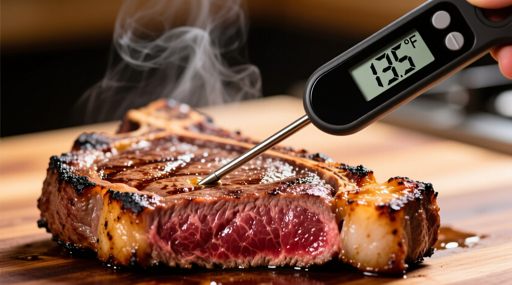 Thermometer checking steak internal temperature