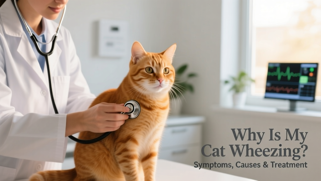 Veterinarian gently examining a cat’s chest with a stethoscope during a routine checkup