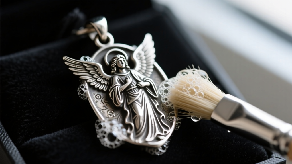 Macro shot of a tarnished sterling silver St Michael pendant being gently brushed with a soft horsehair brush and mild soap suds.