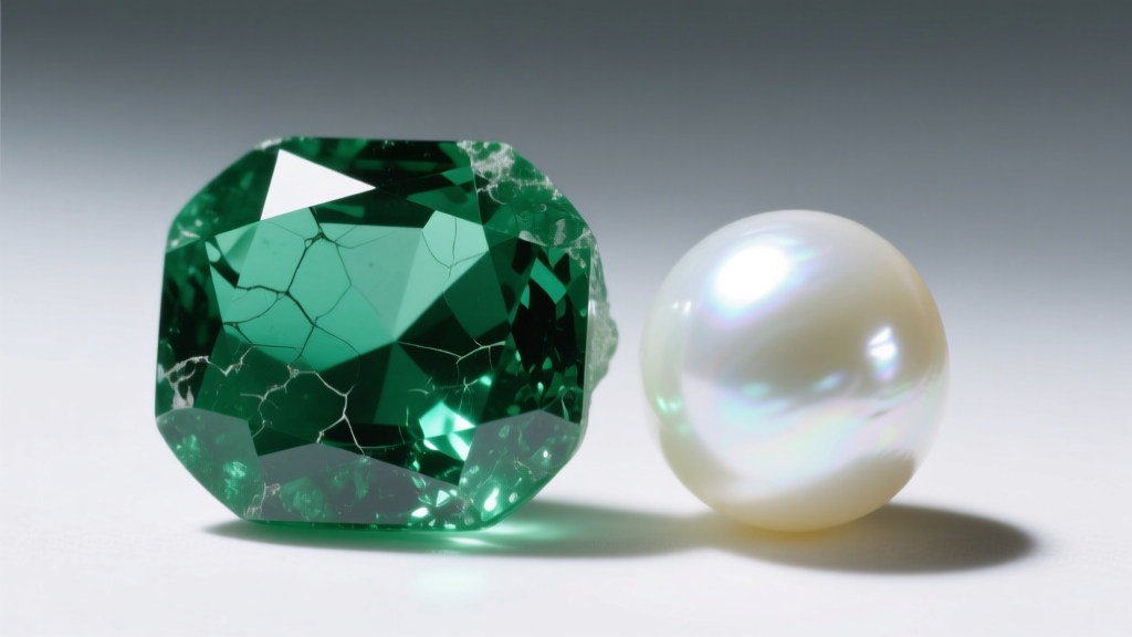 Macro photography of a raw, heavily included green emerald resting beside a perfectly round, iridescent white South Sea pearl.