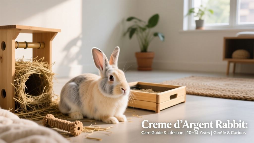 A clean, spacious indoor rabbit habitat with a Creme D'Argent resting near a hay rack, chew toy, and low-sided litter box