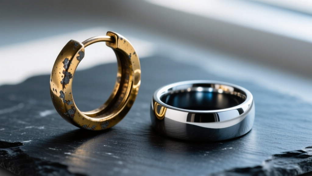 Macro shot comparing a tarnished nickel-alloy hoop earring next to a polished implant-grade titanium seamless ring on dark slate