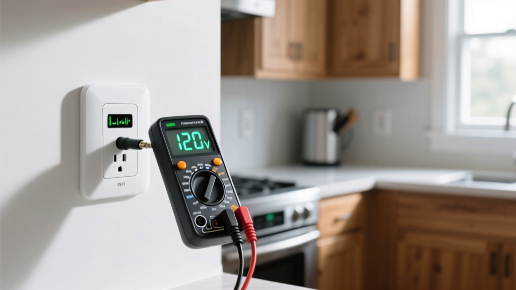 Digital multimeter testing kitchen wall outlet voltage next to a smart socket to verify 120V capacity before high-wattage appliance setup