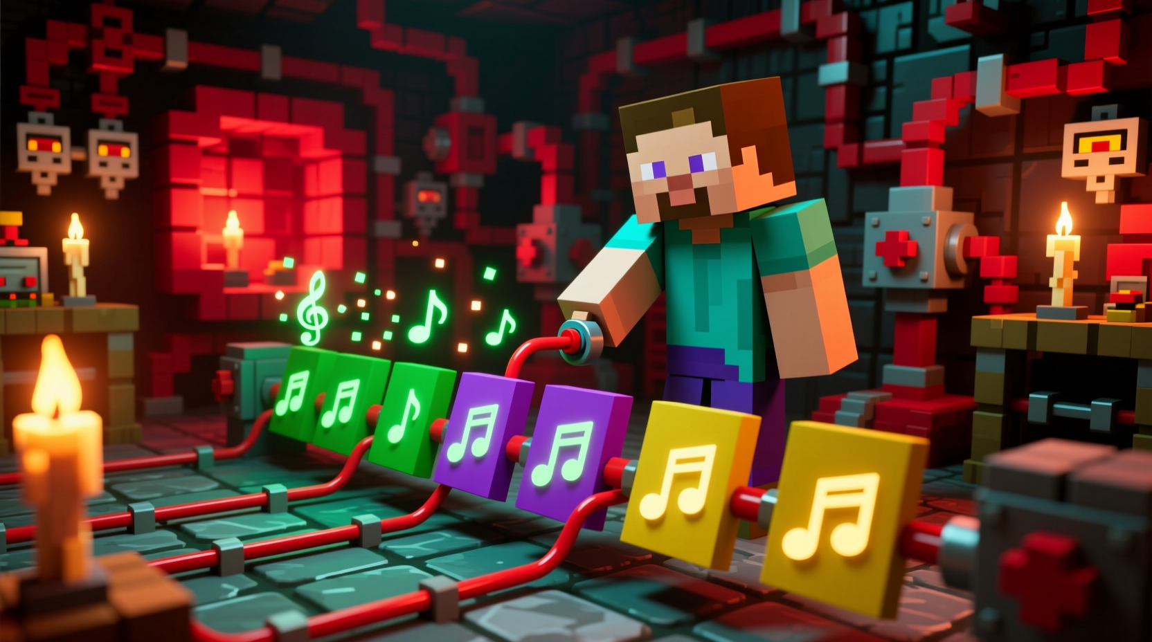 Minecraft player activating note block sequence with redstone circuit