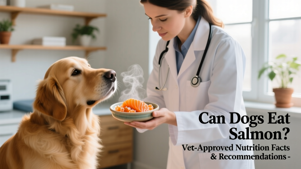 A veterinarian examining a golden retriever while holding a small dish of cooked, flaked salmon