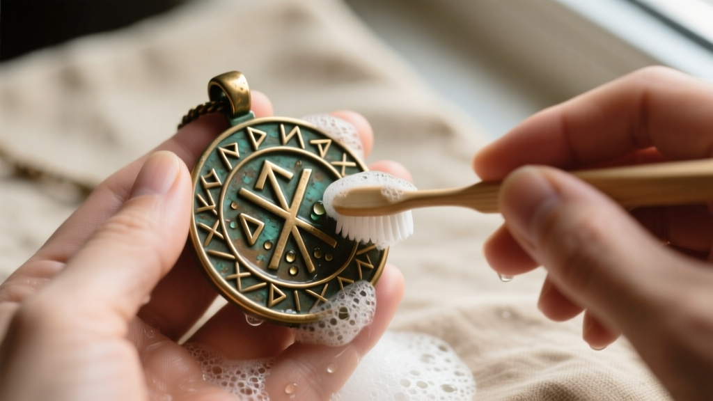 Hands gently brushing a bronze rune pendant with a soft toothbrush and soapy water, carefully cleaning the carved runic grooves.
