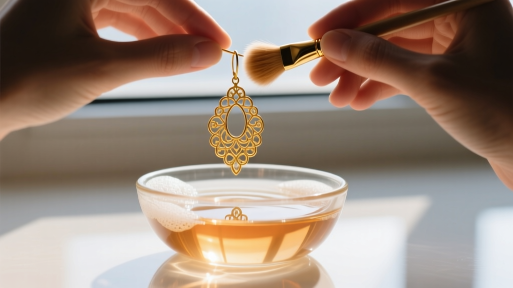 Hands gently brushing an intricate gold filigree drop earring with a soft brush over a small glass bowl of warm soapy water.