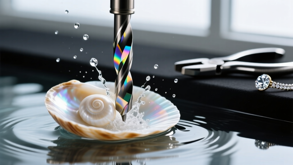 Close-up of a diamond core drill bit piercing a cowrie shell under water, with jewelry pliers blurred in the background.