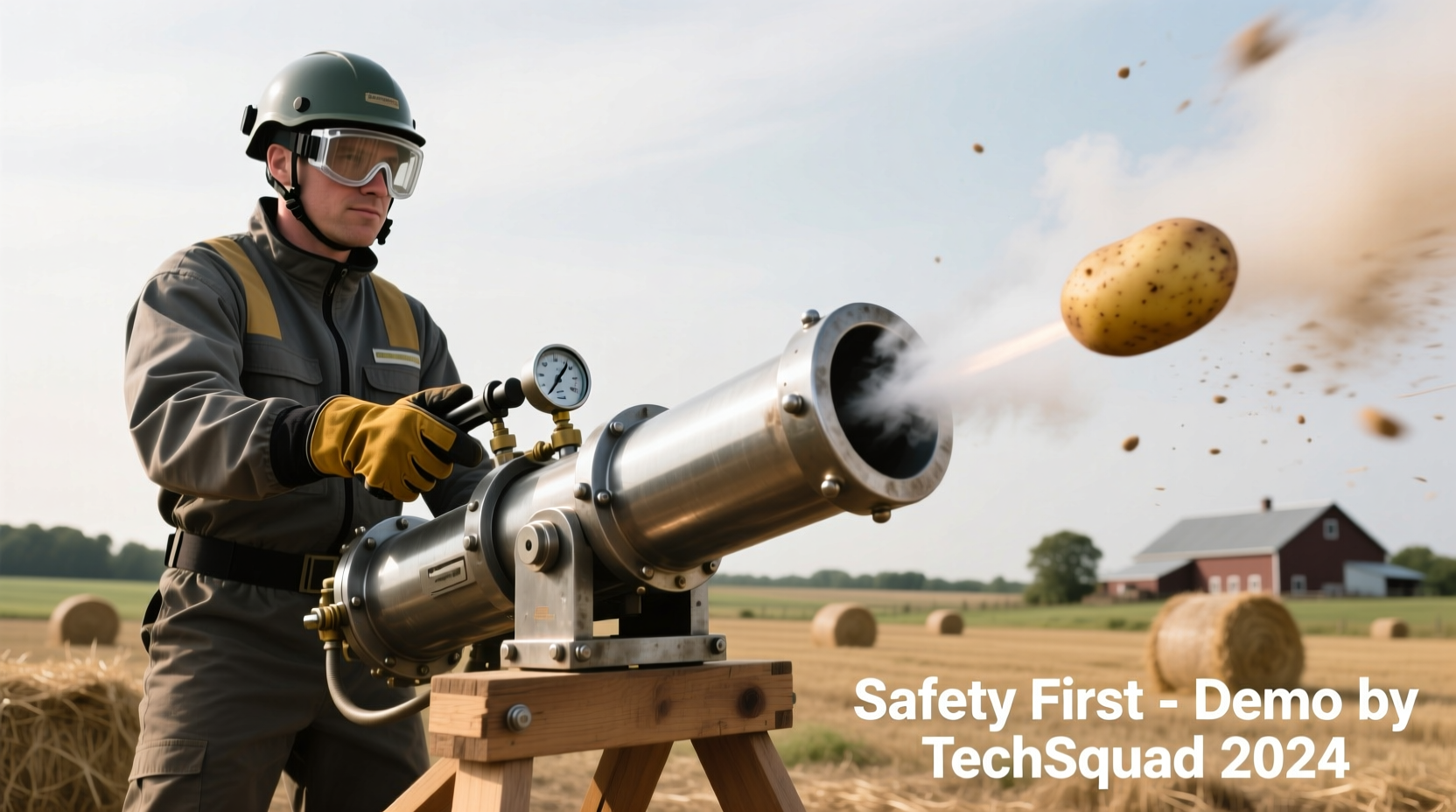 Potato cannon demonstration with safety gear