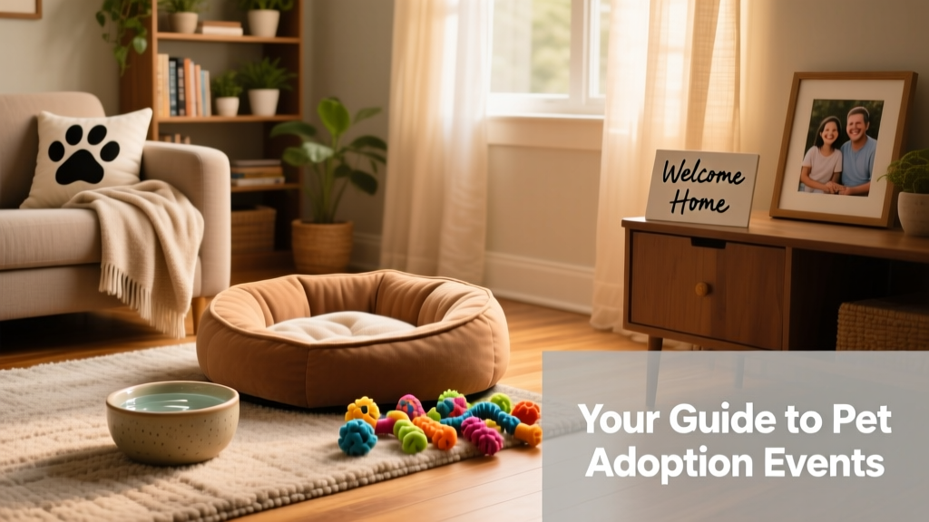 A cozy, pet-ready living room with a soft bed, water bowl, and toys—set up in anticipation of a new FurPetVo adoptee