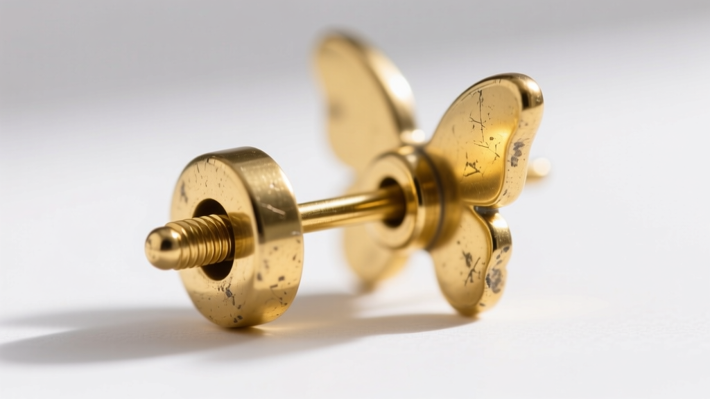 Macro shot of a 20-gauge gold-plated brass earring post and butterfly backing showing minor wear on the metal friction clutch